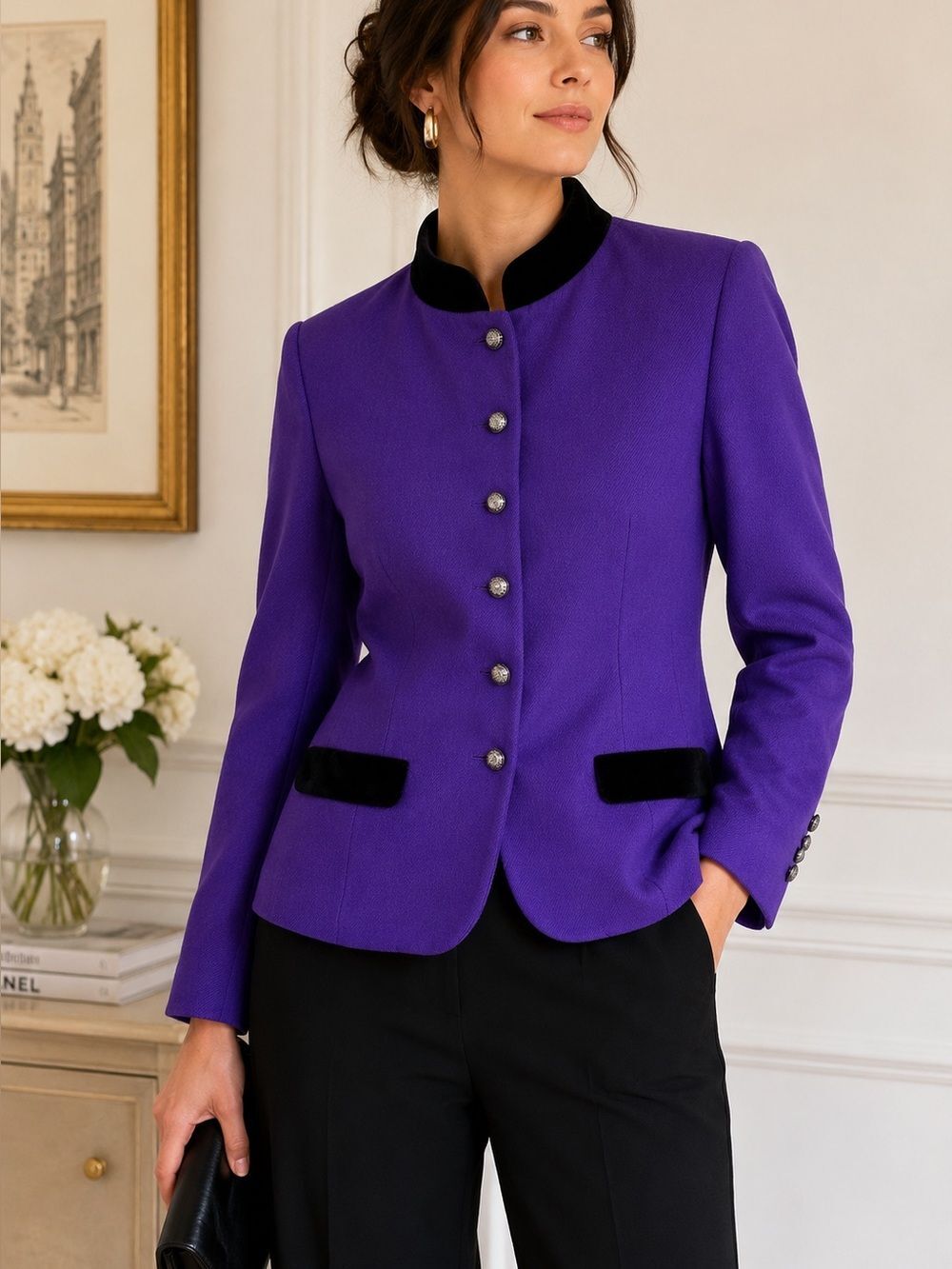 Vintage Lord & Taylor Purple Wool Jacket Black Velvet Trim Silver Buttons Sz 12